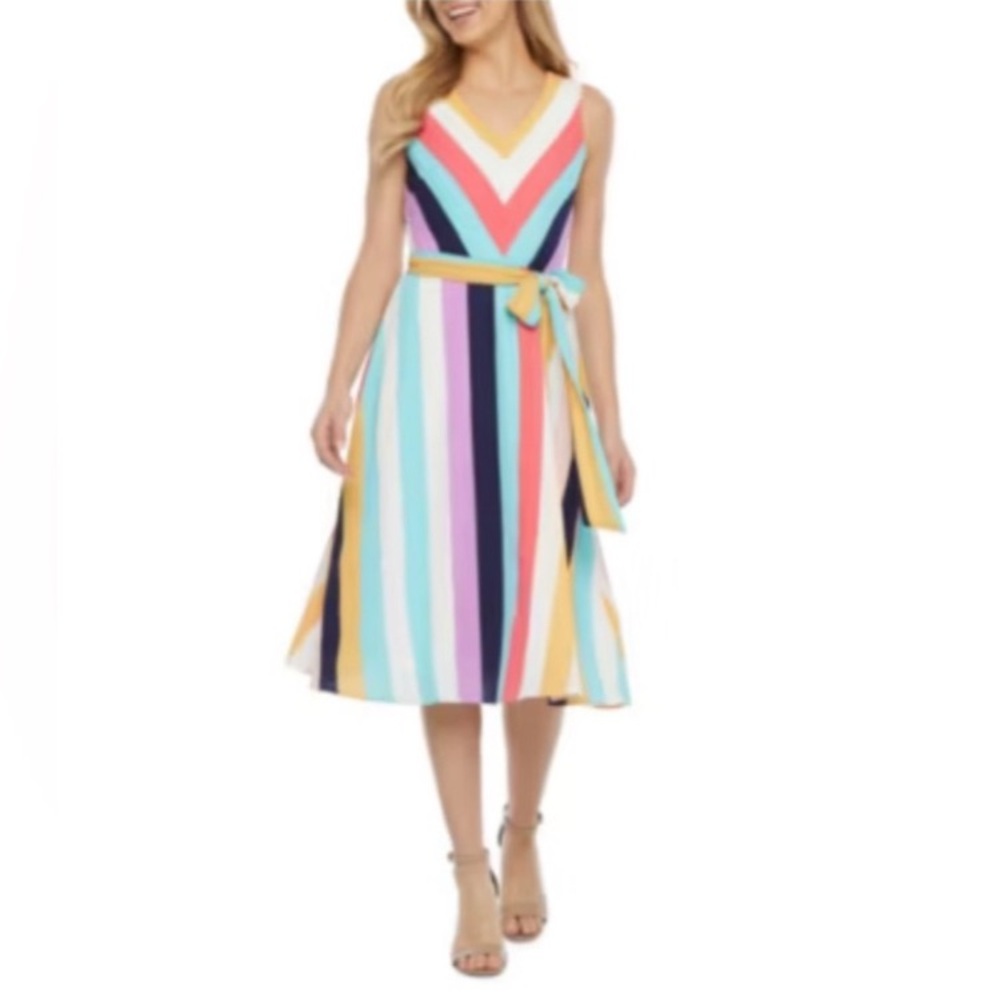 NWT R&K Colorful Striped Midi Dress, Women’s Size 4, Sleeveless V-neck